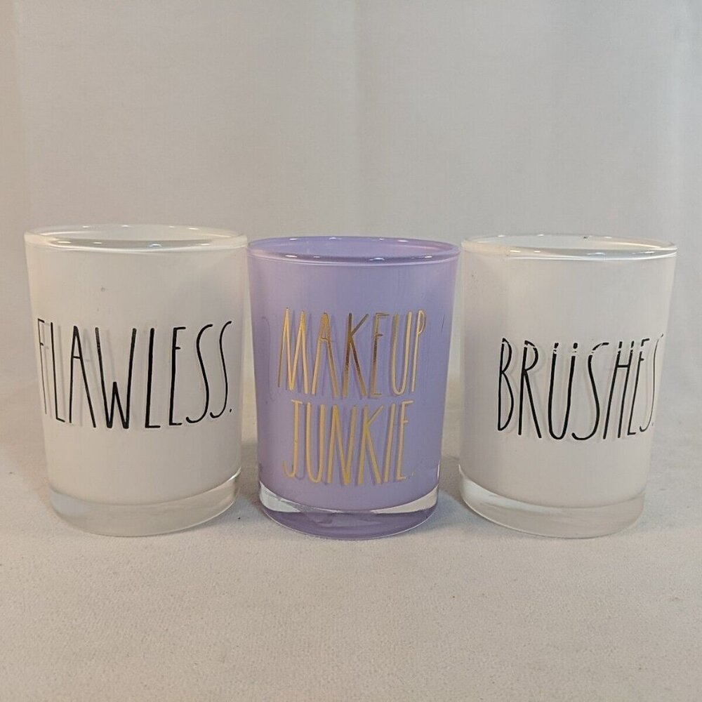 Rae Dunn 3 Set Makeup Junkie Brushes Glass Cup Holders Flawless White Purple